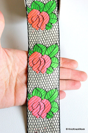 Black And White Lace With Pink Rose And Green Leaves Floral Trim, Approx. 47mm wide - 140316L223B